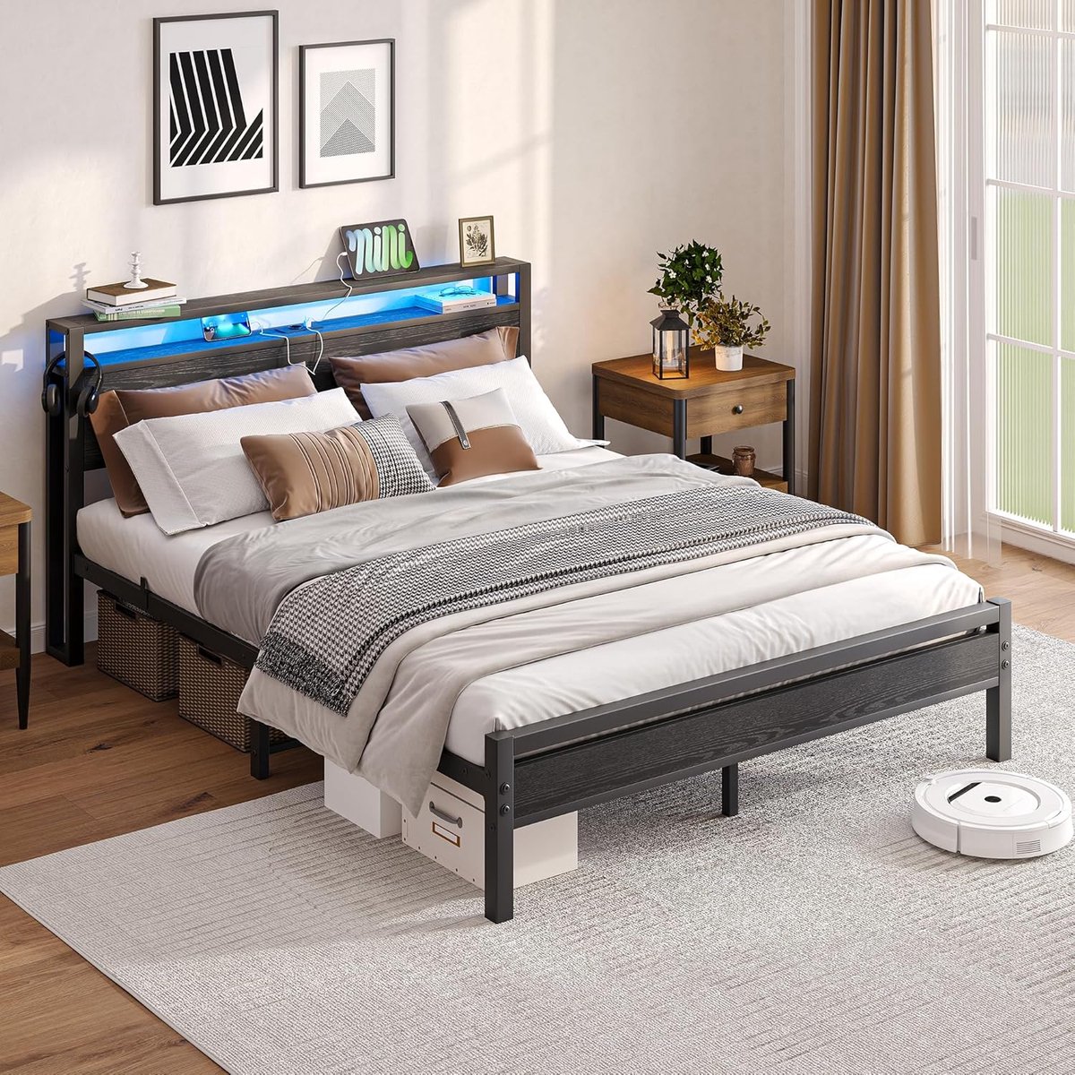 Bed 140x200 cm – Met Opbergruimte – Inclusief USB & Stopcontact – Beige – HomeByNicole