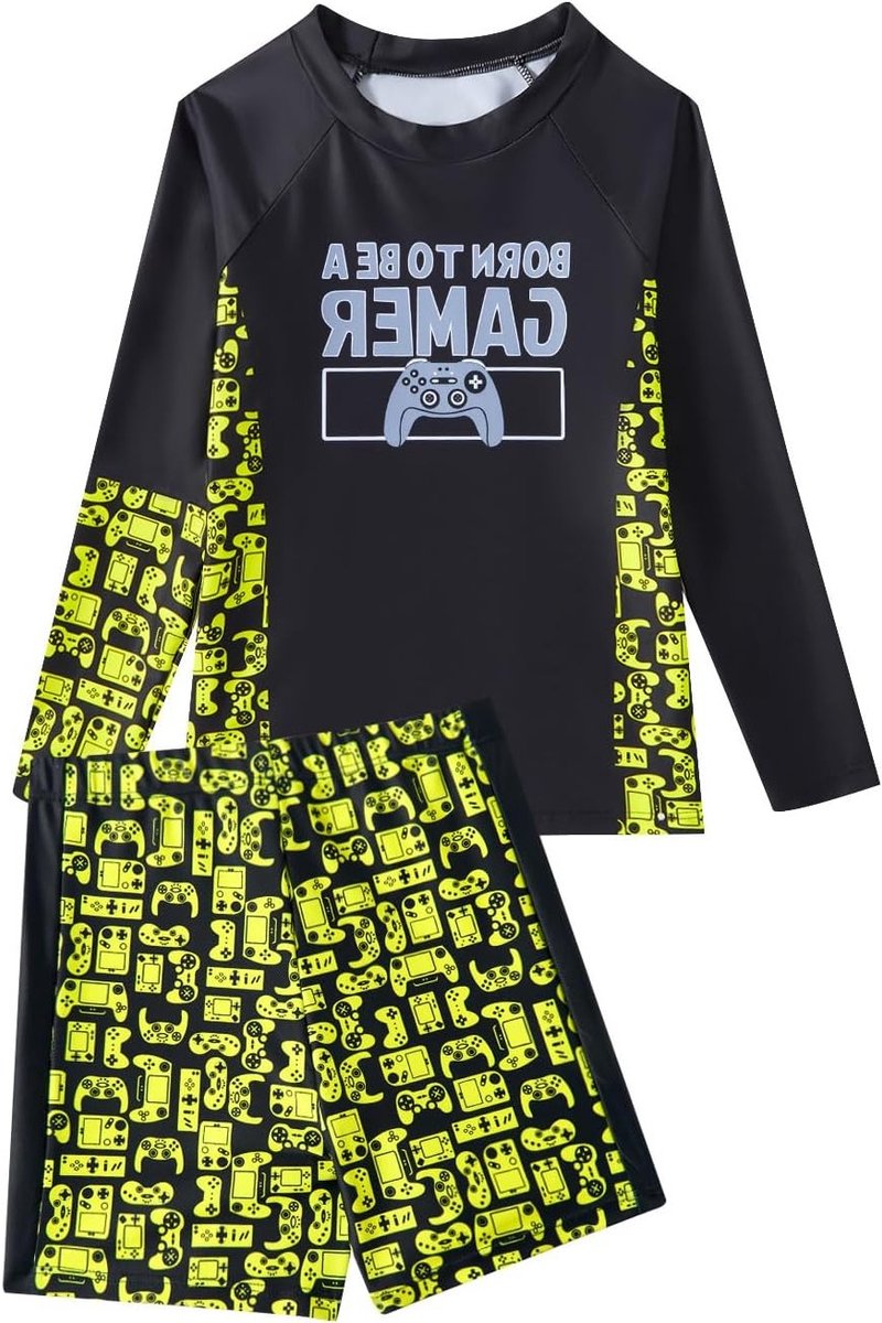 2-delig jongens zwemset met lange mouwen, UV-bescherming rashguard en zwemshorts, ideaal voor kinderen van 5-14 jaar, perfect voor zwemmen en spelen in het water