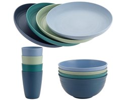 PromoHome 12-delig onbreekbaar plastic dinerset - 4 borden, 4 kommen, 4 bekers - Blauw - Vaatwasser- en magnetronbestendig - Geschikt voor kinderen, picknick en camping
