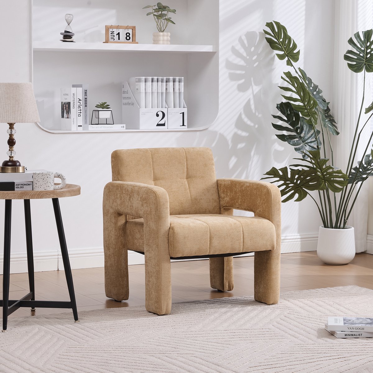 FloraGrace Fauteuil 67,5 x 69 x 74,5 cm - Ergonomische Armleuningen En Zachte Chenille Bekleding - Woonkamer - Mosterdgeel