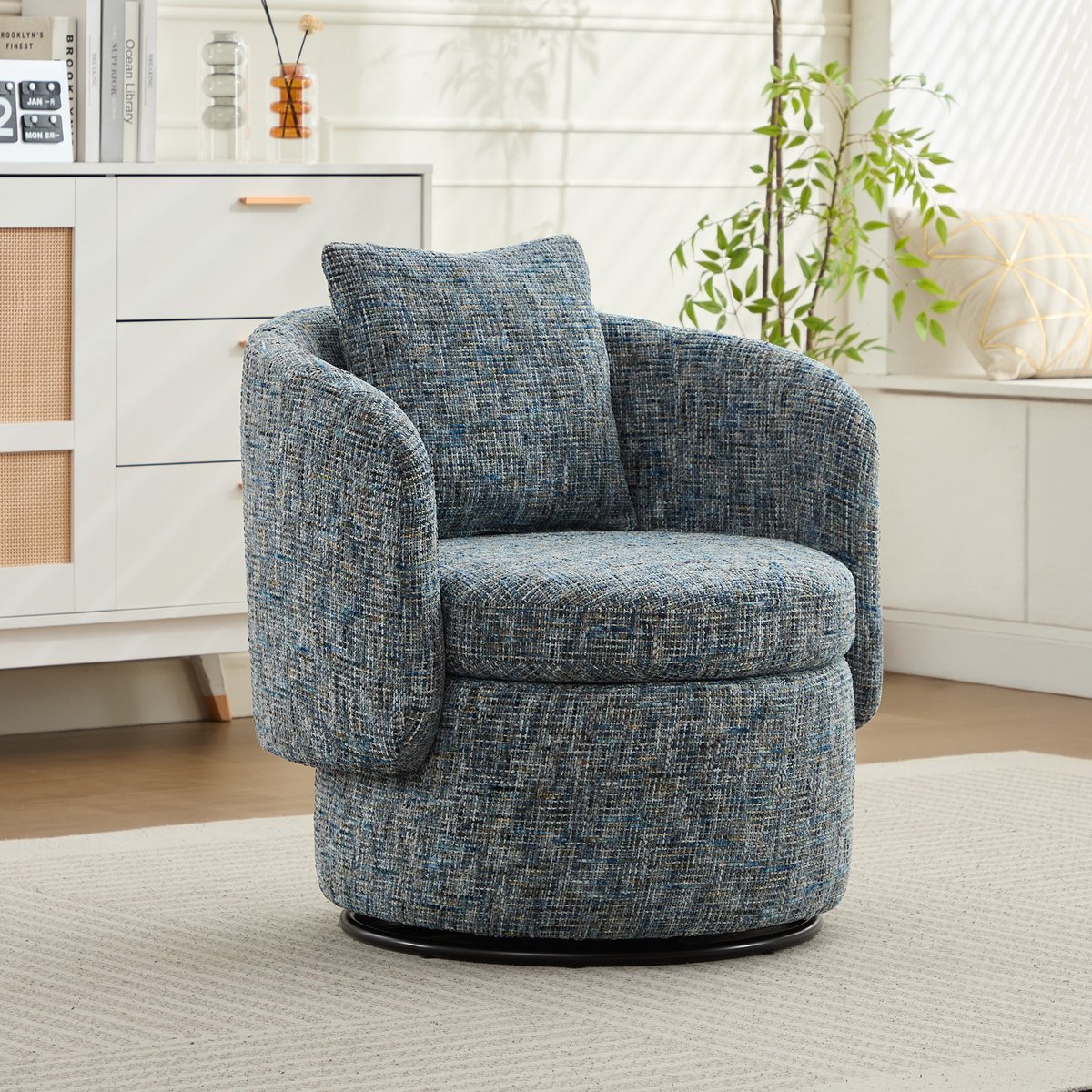 FloraGrace Draaifauteuil 72 x 66,5 x 76 cm - 360 Graden Draaibaar Met Opbergruimte - Chenille - Blauw