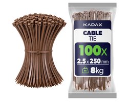 KADAX Kabelbinders 250mm x 2.5mm Bruin – set van 100 stuks, nylon kabelbinders met 8kg trekkracht voor veilig kabelbeheer in huis, tuin, werkplaats en kantoor