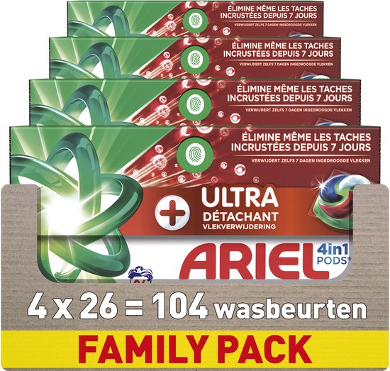 Ariel 4en1 PODS Lessive En Capsules +Ultra Détachant 4 x 26 Lavages