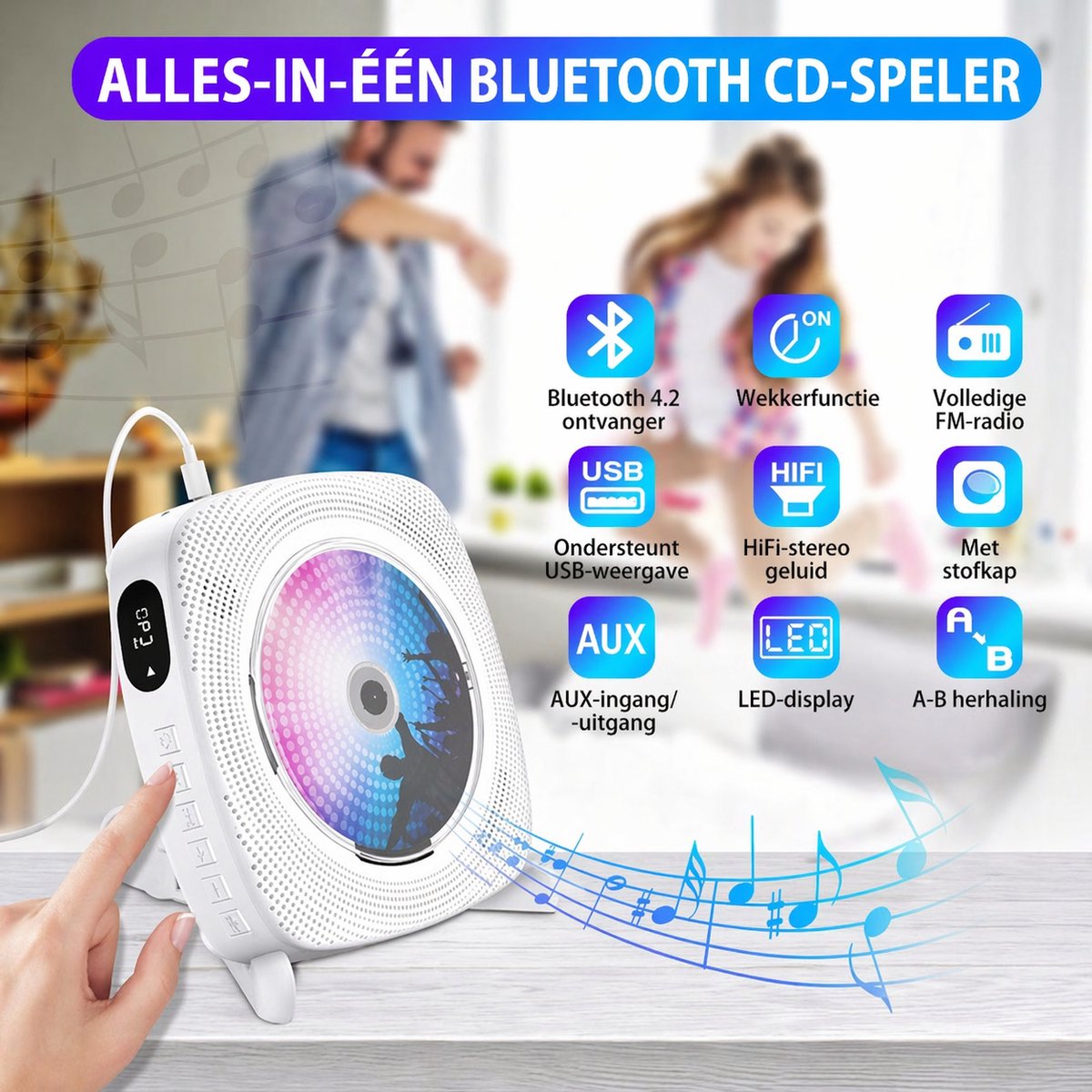 2 IN 1 Draagbare CD/DVD Speler Met HDMI - Bluetooth - USB - FM-Radio - AUX - Wand Monteerbaar - Wit thumbnail 3