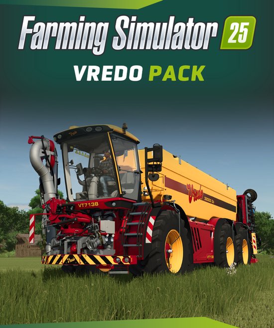 Farming Simulator 25: Vredo Pack advertentie met een gele en rode mesttank op een groen veld.