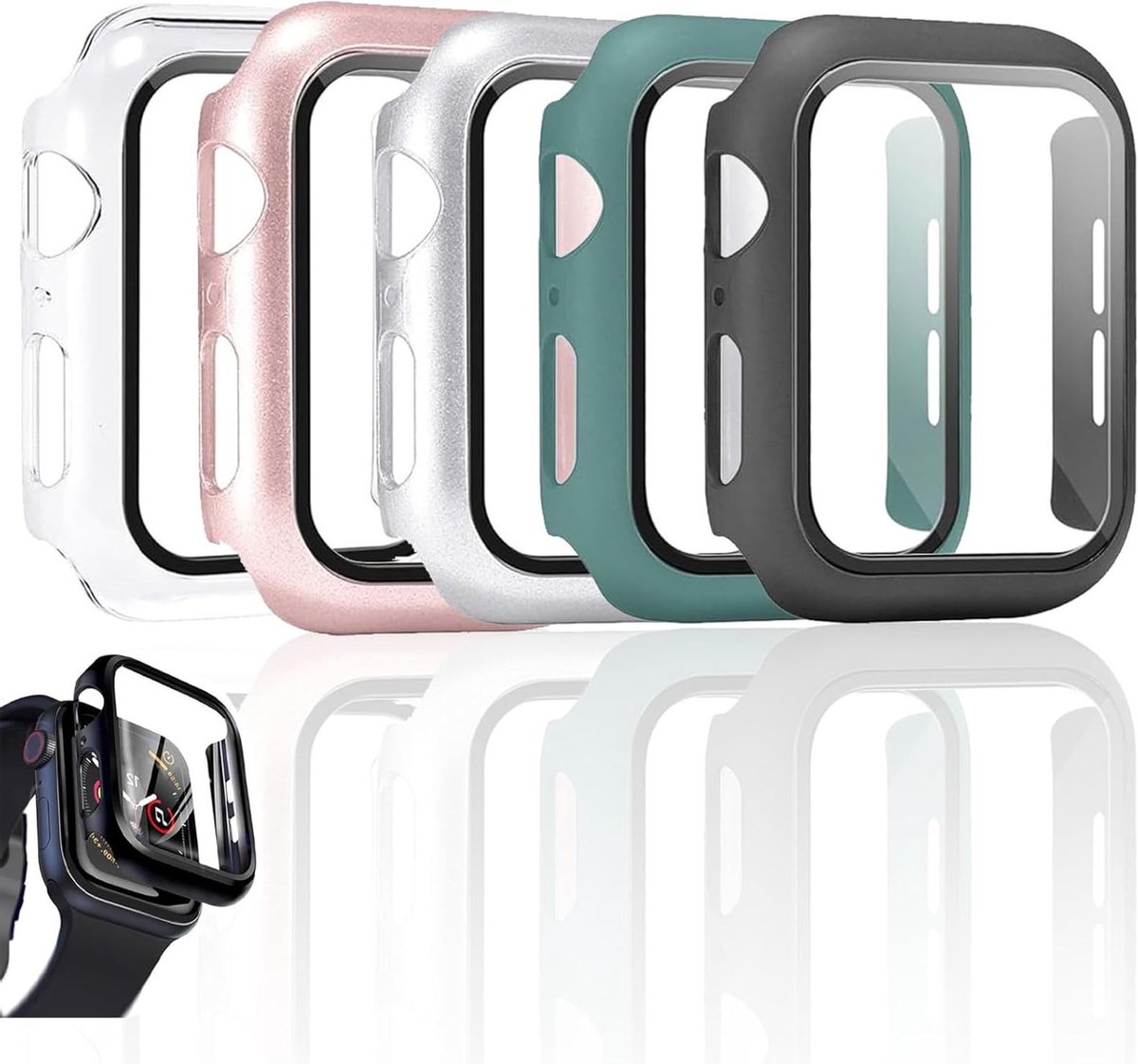 Set van 5 Beschermhoezen voor Apple Watch Series 6/5/4 SE, 40 mm - Schokbestendig, Krasbestendig en Inclusief Schermbeschermer in Groen, Zwart, Transparant en Roségoud