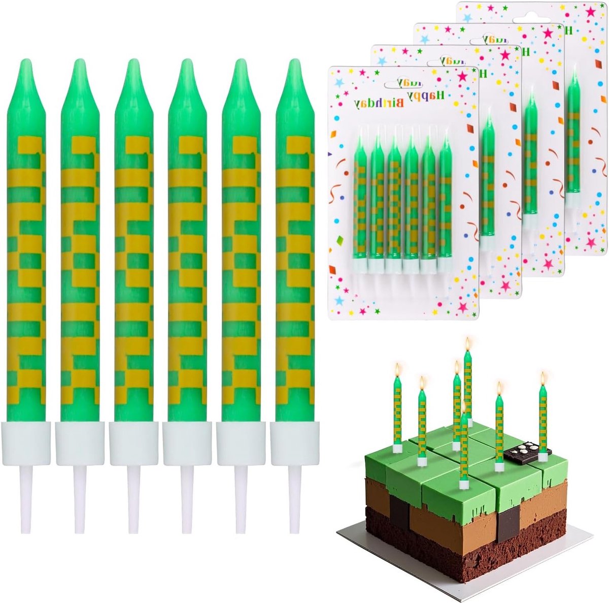 24 Stuks Pixel Kaarsen voor Verjaardagsfeestjes, Cake Decoratie, Mijnbouw Thema, Feestartikelen voor Kinderen
