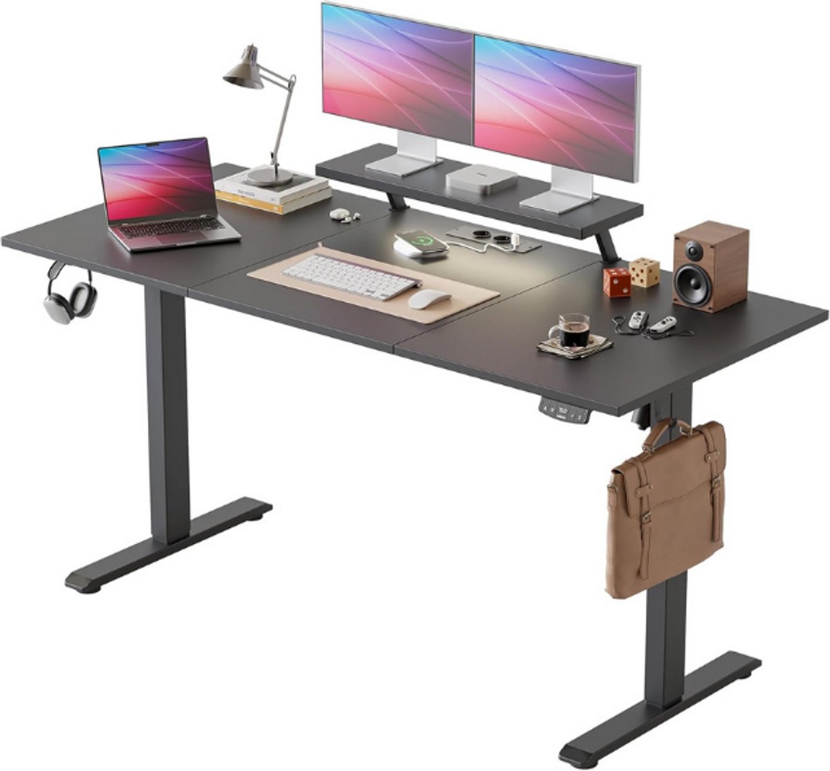Agilestic Elektrisch in hoogte verstelbaar bureau 160 x 60 cm met beweegbare monitorstandaard, LED-lichtbalk en USB-poort, staand bureau met 3-delig tafelblad, computertafel, zwart