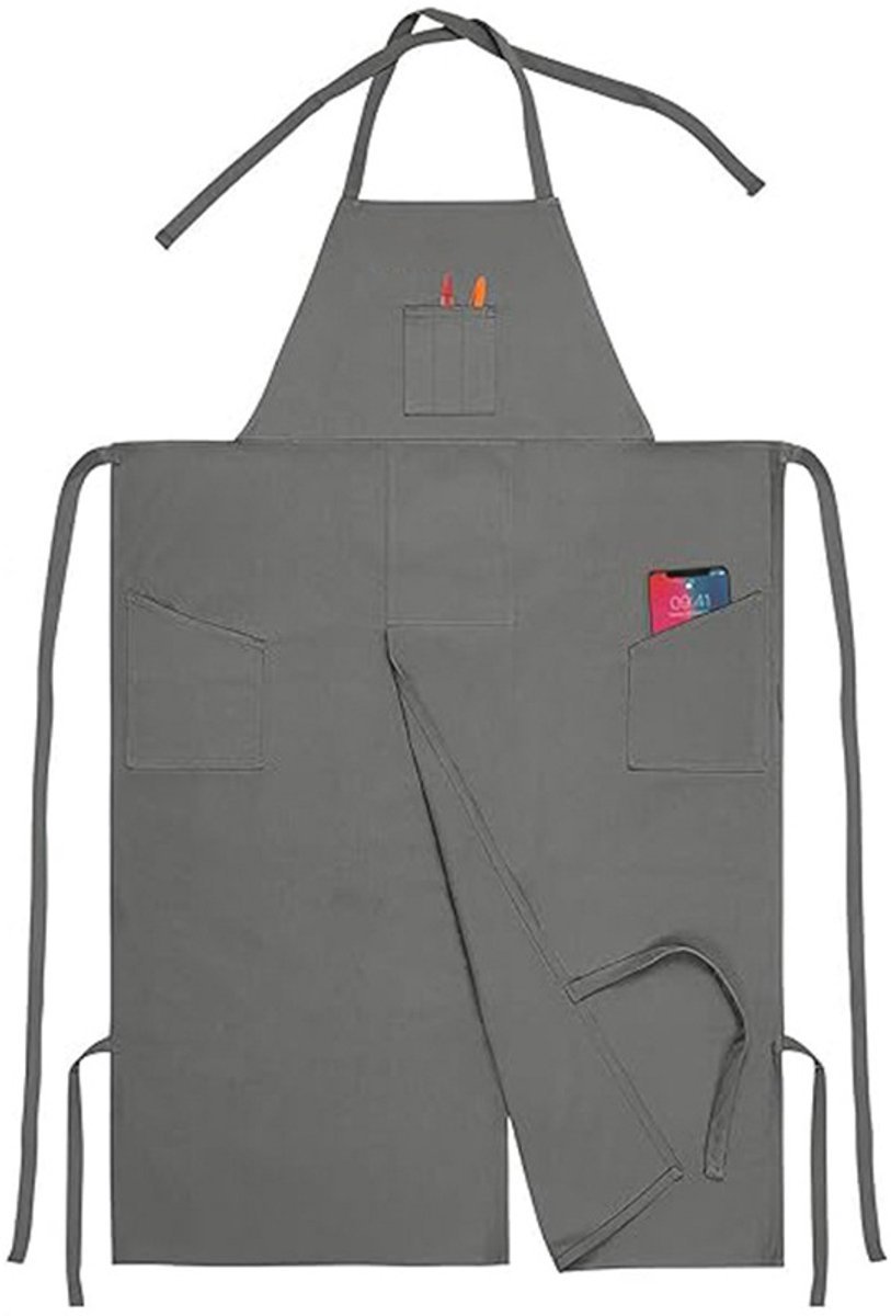 Canvas schort, waterafstotend lange split benen kapsel, schort met zakken, grijs