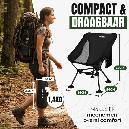 Jaxplore Campingstoel Opvouwbaar - Vouwstoel voor Strand en Camping - Aluminium - Visstoel - Kampeerstoel - 150kg Draagvermogen - Zwart van Merkloos — afbeelding 2