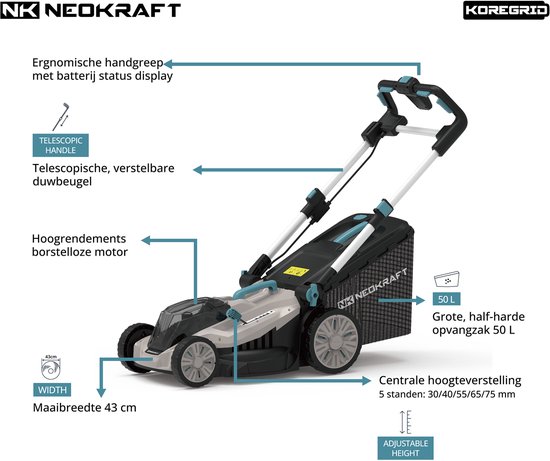 Neokraft - 40V Accu grasmaaier - 43cm maaibreedte - 5 Instelbare hoogtes - Incl 50L opvangbak - excl. accu & lader van Neokraft — afbeelding 5
