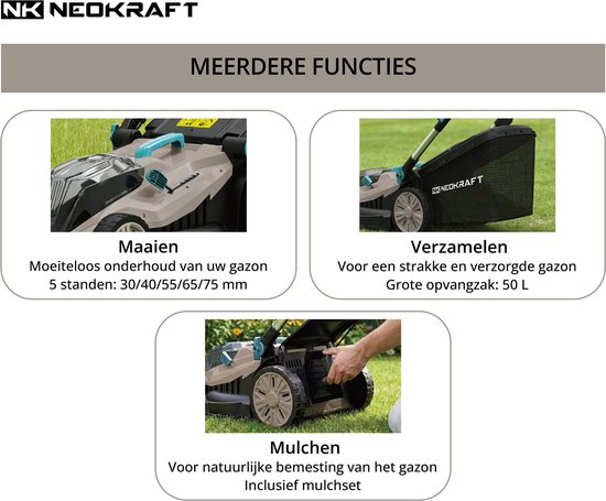 Neokraft - 40V Accu grasmaaier - 43cm maaibreedte - 5 Instelbare hoogtes - Incl 50L opvangbak - excl. accu & lader van Neokraft — afbeelding 2