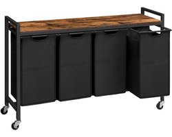 RUX® Wassorteerder 4 vakken - Wasmand 4 vakken 4x 39 Liter - Wasmand Met Opbergplank - Wassorteerder - Dubbele wasmand - Duo Wasmand – Wasmanden - Zwart - 111cm x 33cm x 75 cm