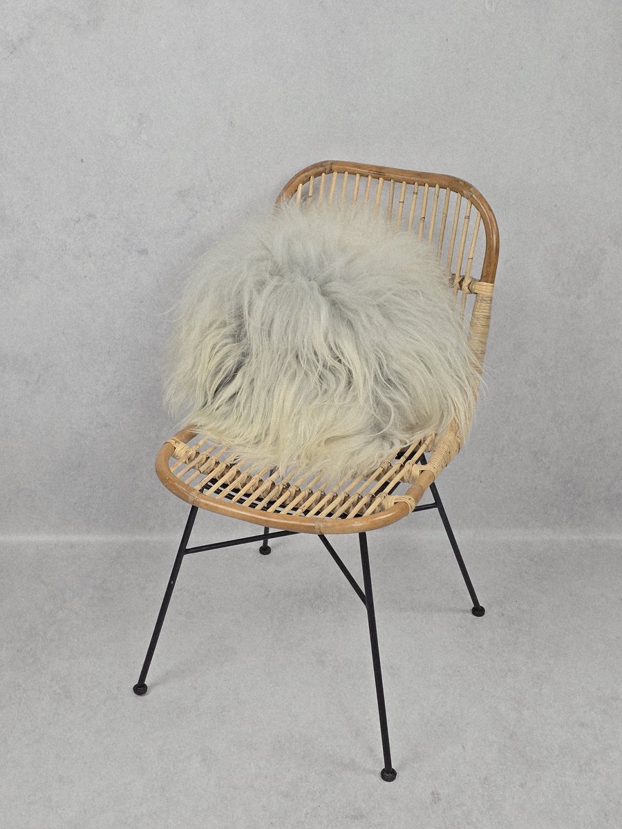 Kussen – Schapenvacht – IJslands – Exclusieve collectie – Woondecoratie – Grijs, Crème, Beige – 100% echt natuurlijke wollen vacht – Ø40 cm