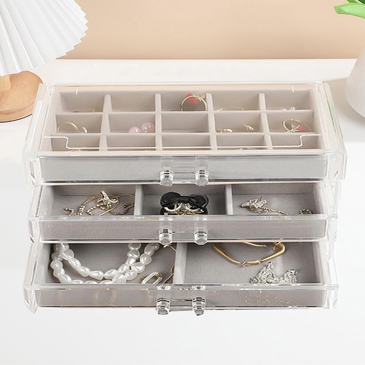 Elegante Acryl Sieraden Organizer met Fluwelen Lades voor Oorbellen, Ringen en Armbanden (Grijs, 3 Lades)