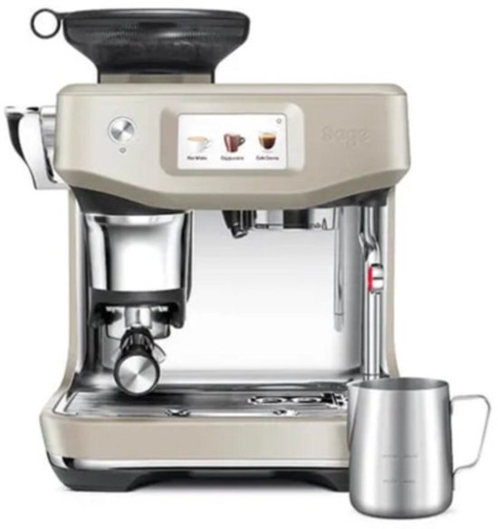 Beige Sage Barista Touch Impress espressomachine met melkopschuimkan.