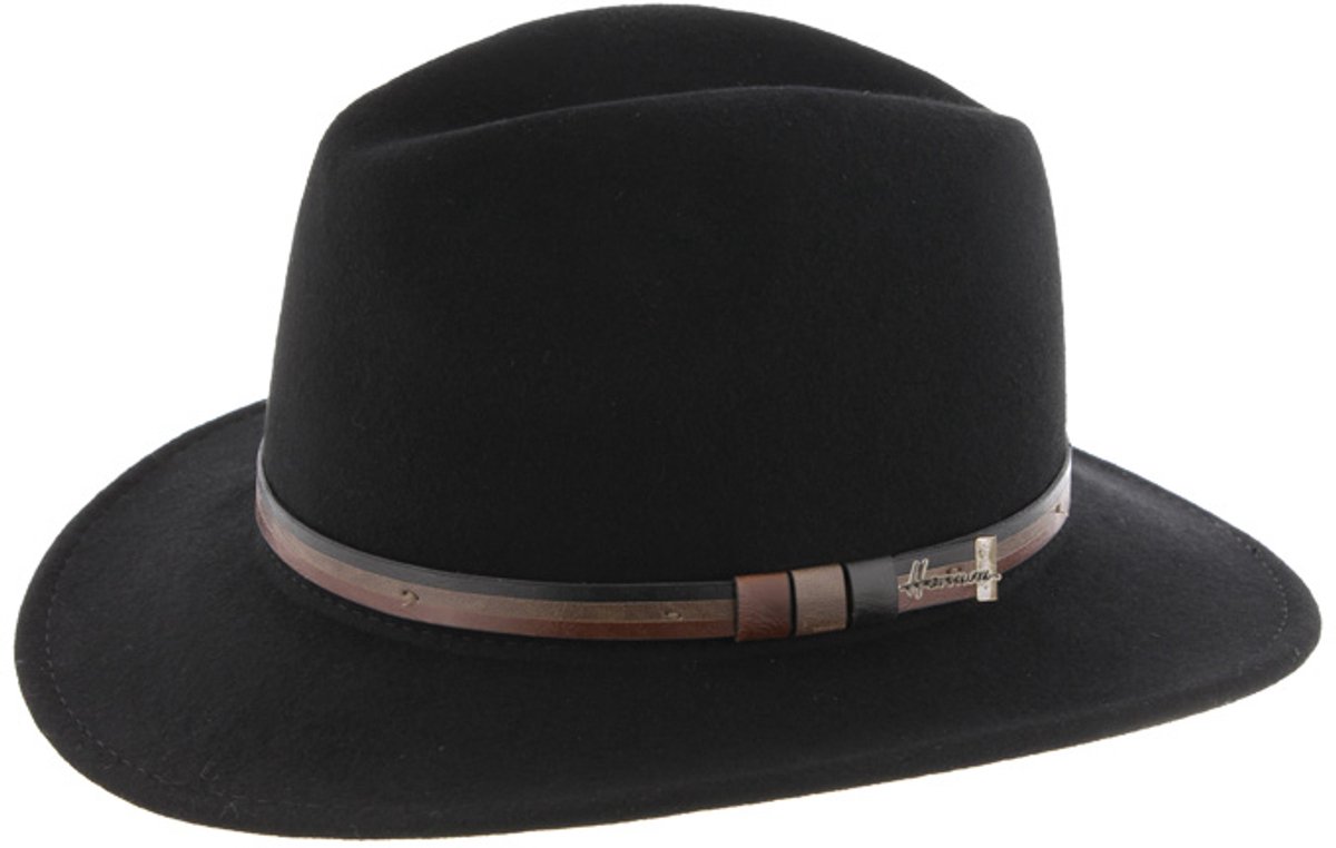 Herman chapeau grand bord droit en feutre noir avec ceinture faux cuir bicolore