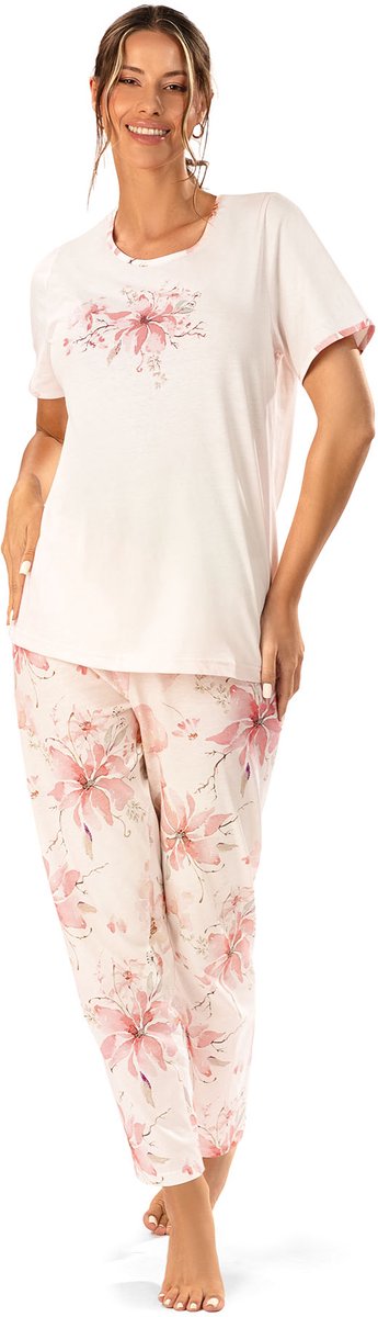 Ascafa Dames Pyjama – Deluxe - Korte Mouw – Lange Broek – 100% Katoen - Lichtroze - Maat 48