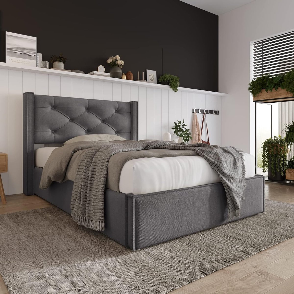 Comfort Luxe Opbergbed met Gestoffeerd Hoofdbord 90x200 cm Grijs – Eenpersoons Bedframe met Grote Opbergruimte en Lattenbodem – Modern Katoenen Design met Metalen Frame – Zonder Matras