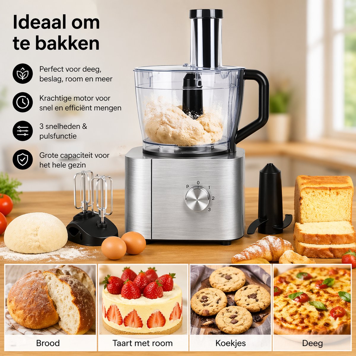 Hennova Keukenmachine - Blender - Mixer - Foodprocessor - Antislip voetjes - Gemakkelijk te gebruiken - Verschillende snelheden - 1100W - Zilver — afbeelding 5
