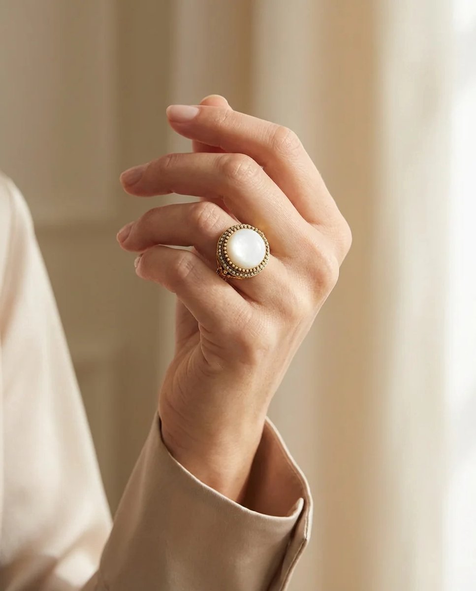Dorvina Bronzen Sieraad Authentiek Wit Sedef Steen Yuvaklak Model Vintage Dames Ring