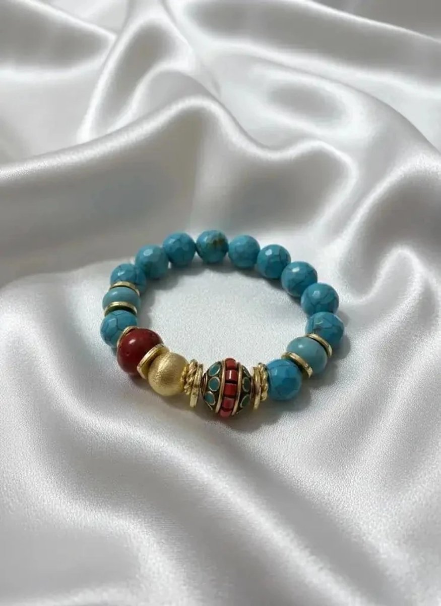 Dorvina Turkoois Firuze en Rood MercanTasli Dogaltas Goud Detail Antiek Design Dames Esnek Armband