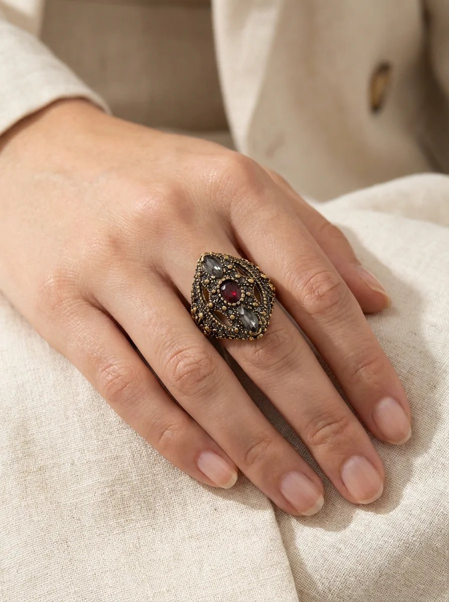 Dorvina Bronzen Sieraad Authentiek Markazit Bewerkt Kat Gozu Model Verstelbaar Vintage Dames Ring