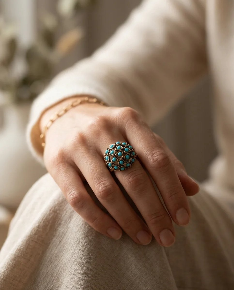 Dorvina Bronzen Ring Authentiek Sieraad TurkuazTas Topaz Model Verstelbaar Vintage Dames Ring