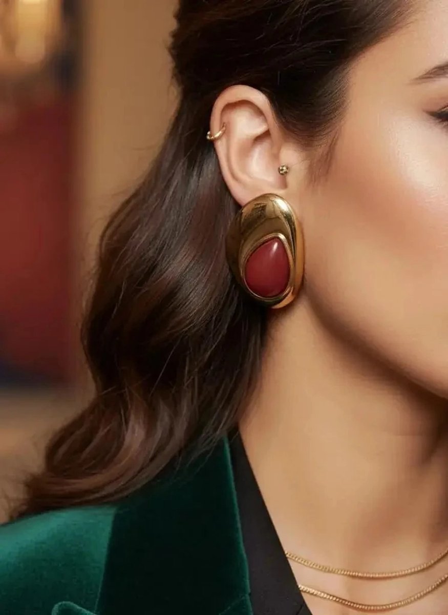 Dorvina Goud Bordeaux Kleur Messing Ovaal Vintage Dames Oorbellen Sieraad