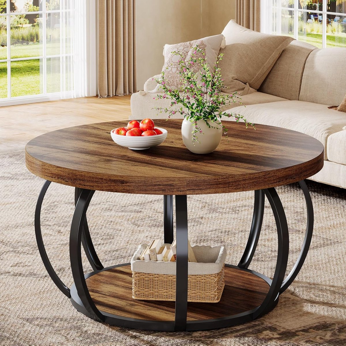 Tribesigns ronde Salontafel - Salontafel met Twee Niveaus en Opbergplanken - Bijzettafel Bruin - Tafel - Sidetable voor Woonkamer, Thuiskantoor - 80 x 80 x 45 cm Notenkleur
