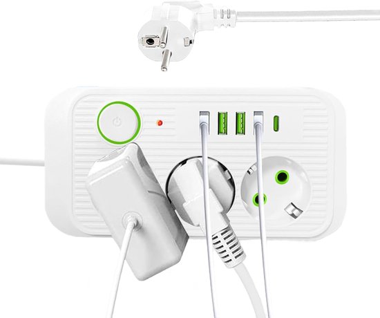 Wit stopcontact met 3 EU-stopcontacten en 4 USB-poorten, met stekker met 45 graden hoek en platte stekker.