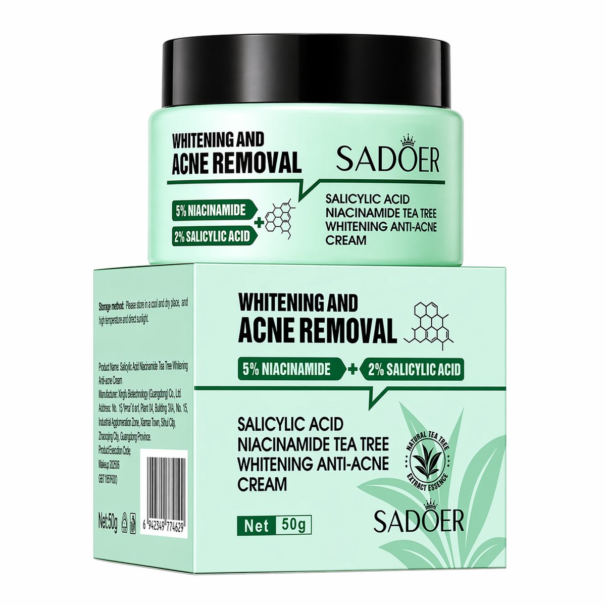 SADOER Acne Crème | Salicylzuur 2% | Niacinamide 5% | Anti Acne Gezichtscrème | Puistjes Verwijderen | Mee-eters & Onzuiverheden | Poriën Reinigen | Vette Huid | Hydraterende Dagcrème | Blemish Control | Huid Egaliseren | 50g