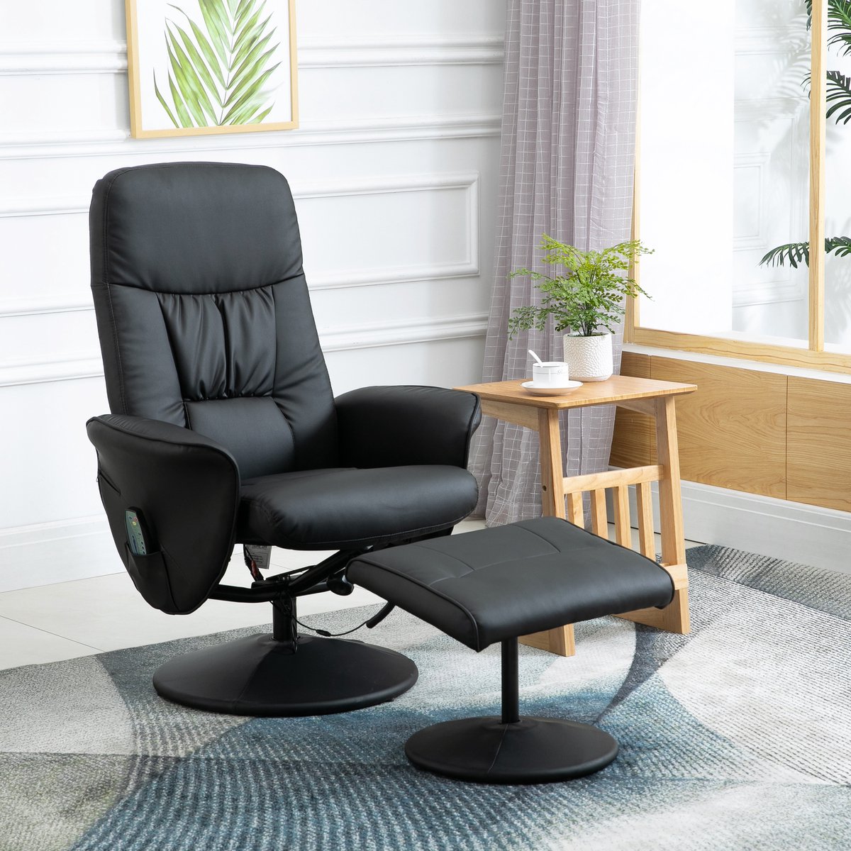 MODFU - Relaxfauteuil Met Voetenbank - Verstelbare Rugleuning En 10 Massagepunten - Draaibaar - Kunstleer - Zwart - 76 X 81 X 105 Cm