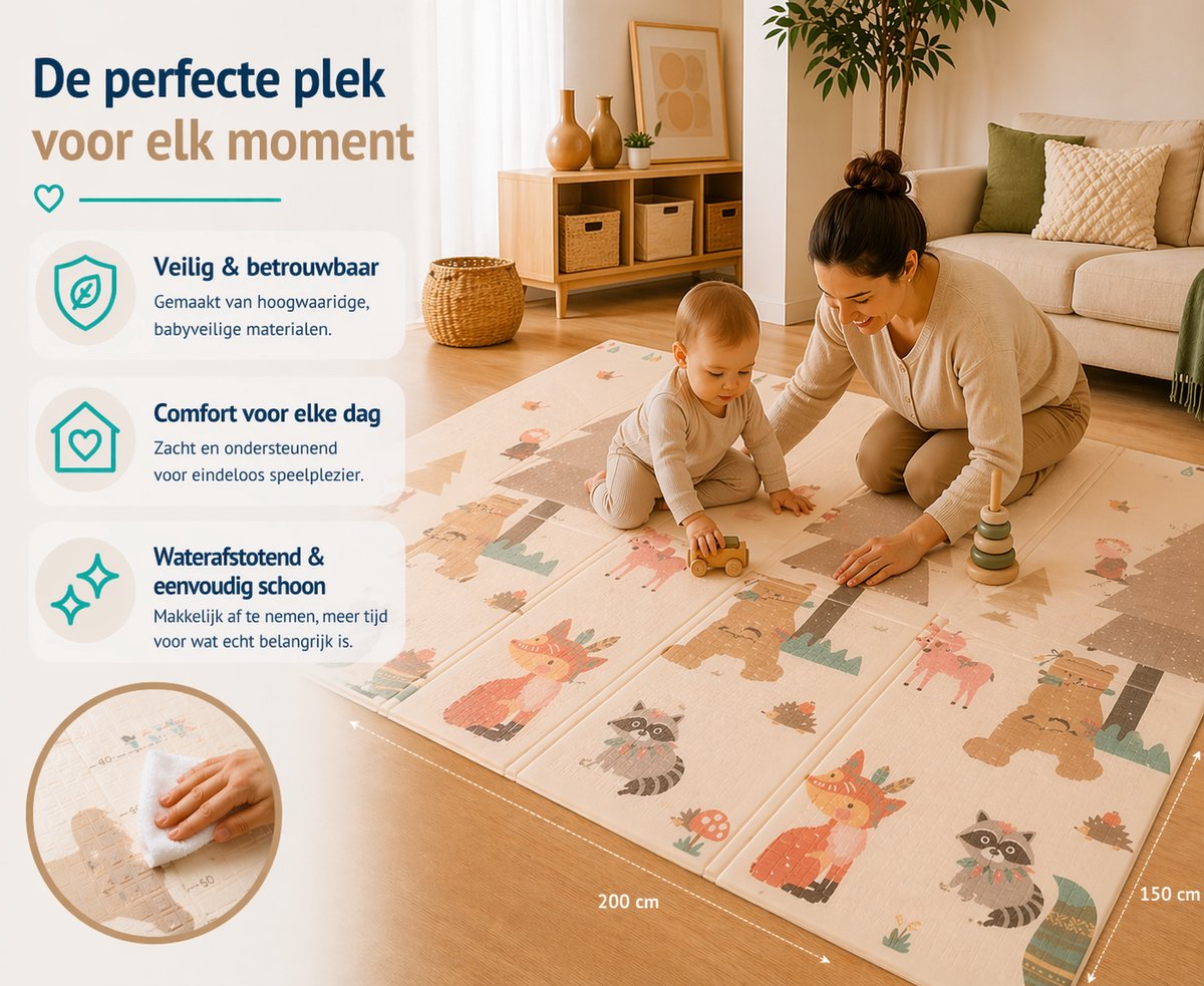 Speelmat - Inclusief Luxe Opbergtas - Dubbelzijdig - Speelkleed - Speelmat Baby - Speelkleed Baby - Speelmat Foam - 150 x 200 cm - Opvouwbaar - Beige - Baby Speelgoed 6 maanden - Baby cadeau - Kraamcadeau — afbeelding 3