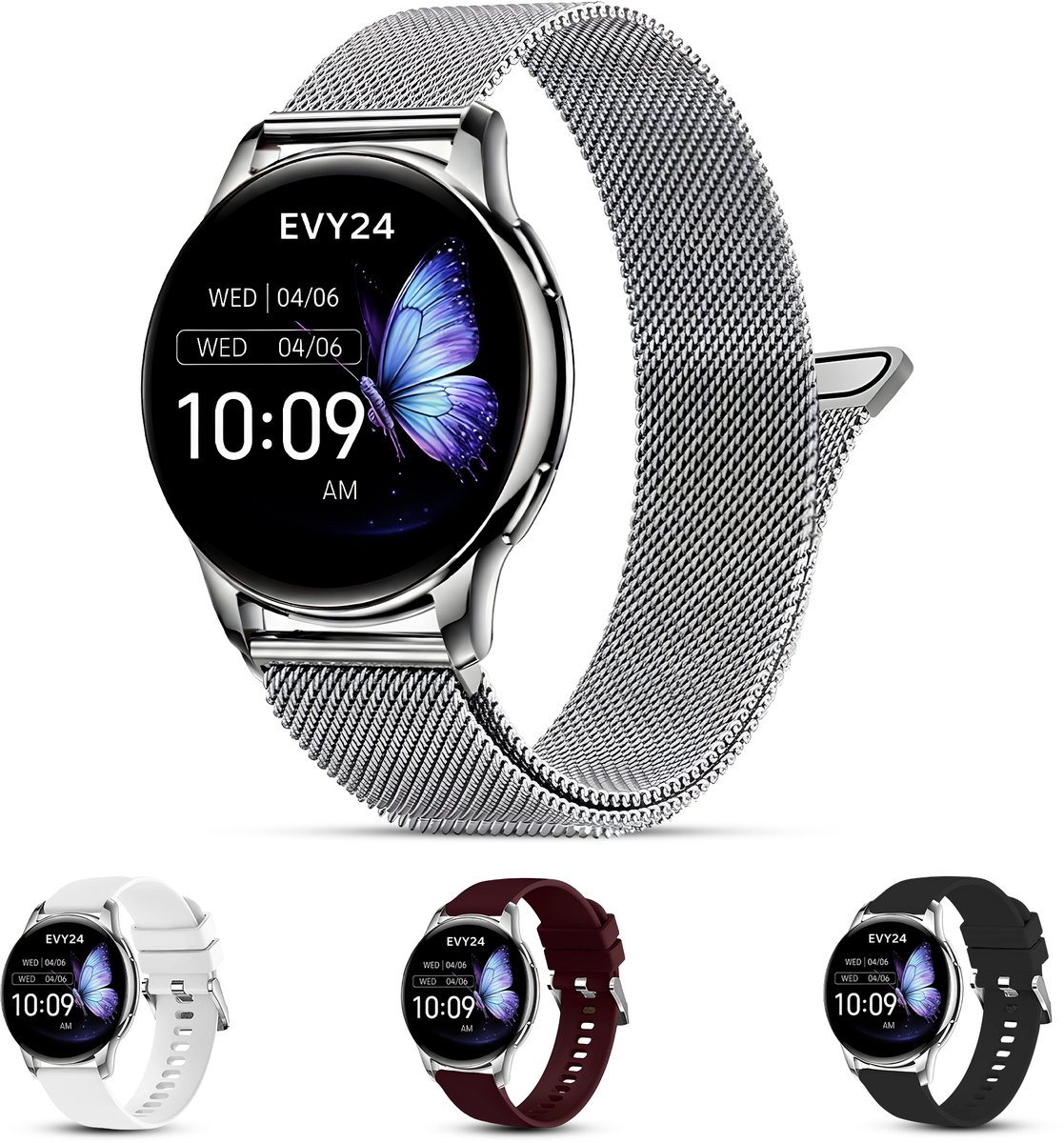Evy24 Smartwatch Voor Dames - iPhone & Android - Bellen - Stappenteller - Slaapmonitor - AMOLED - 42 mm - 4 bandjes - Zilver