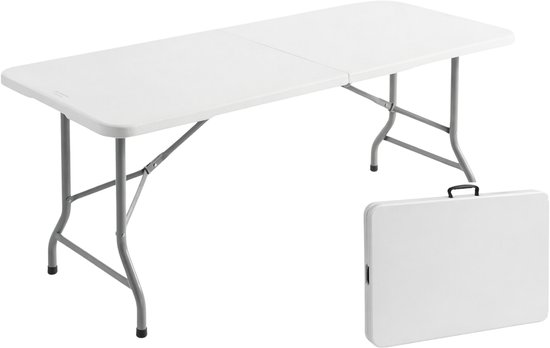 Witte, inklapbare tafel, staand en opgevouwen.