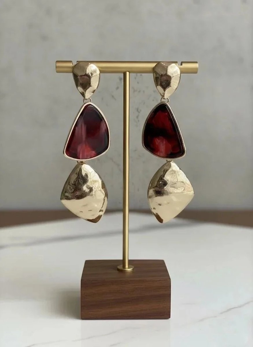 Dorvina Bordeaux Goud Detail Messing Hangende Design Bijuteri Hangende Dames Oorbellen