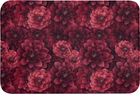 Badmat met een volle print van donkerrode dahlia bloemen.