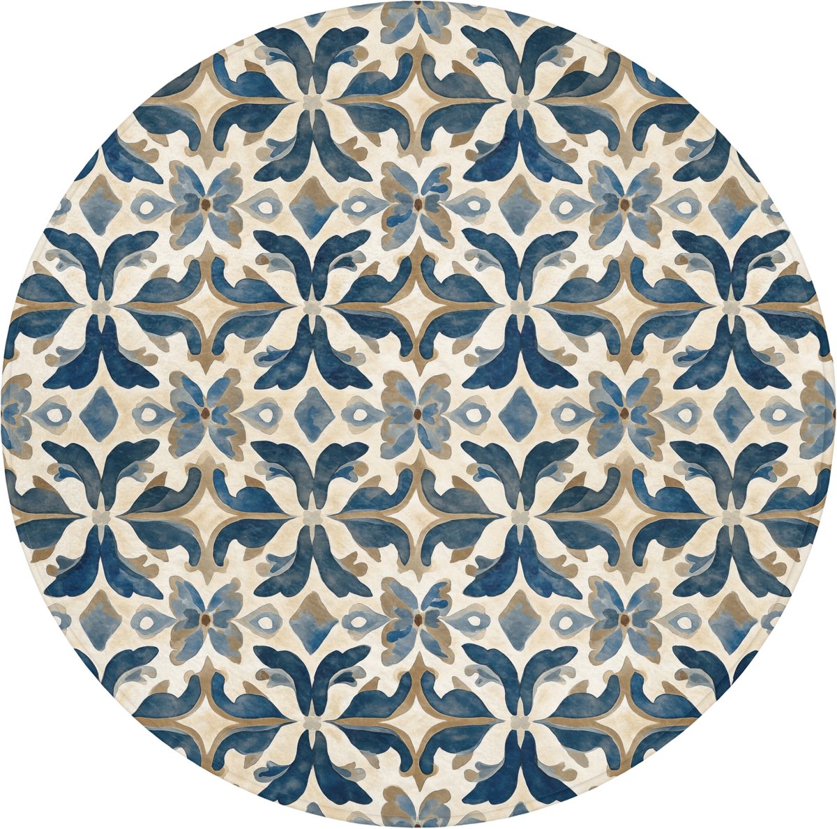 WC mat rond 70x70 cm - Antislip - Tegel - Patroon - Blauw - Beige - Toiletmat - Vloermat -