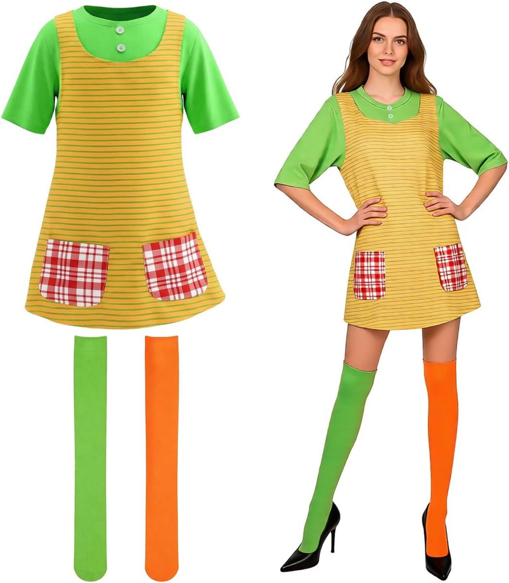 Kleurrijk dames carnavalskostuum met jurk en kousen, perfect voor feestelijke verkleedpartijen