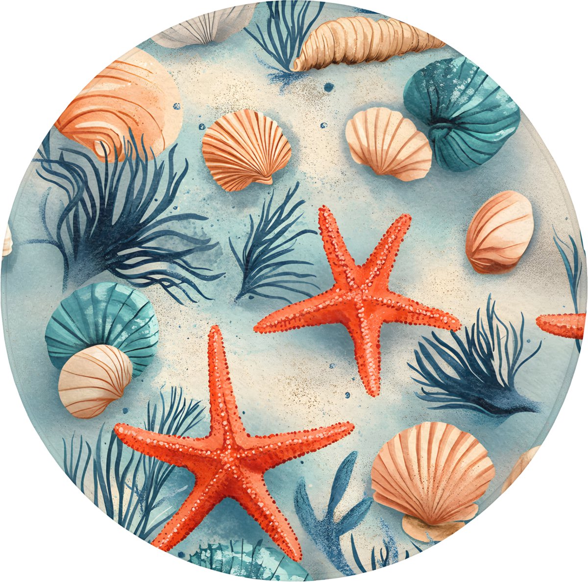 WC mat rond 70x70 cm - Antislip - Zeesterren - Schelpen - Illustratie - Zand - Toiletmat -
