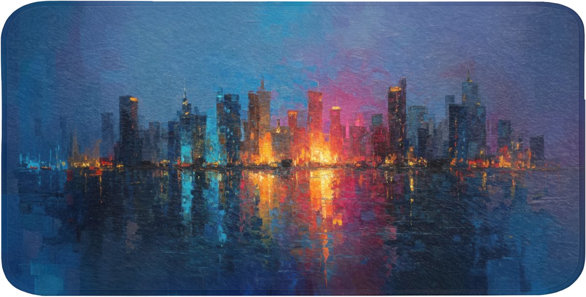 Badmat 120x60 cm - Antislip - Skyline - Penseelstreken - Donkerblauw - Lichtgevend - Badmatten voor badkamer - Badkamermat - Douchemat - Badkamer mat