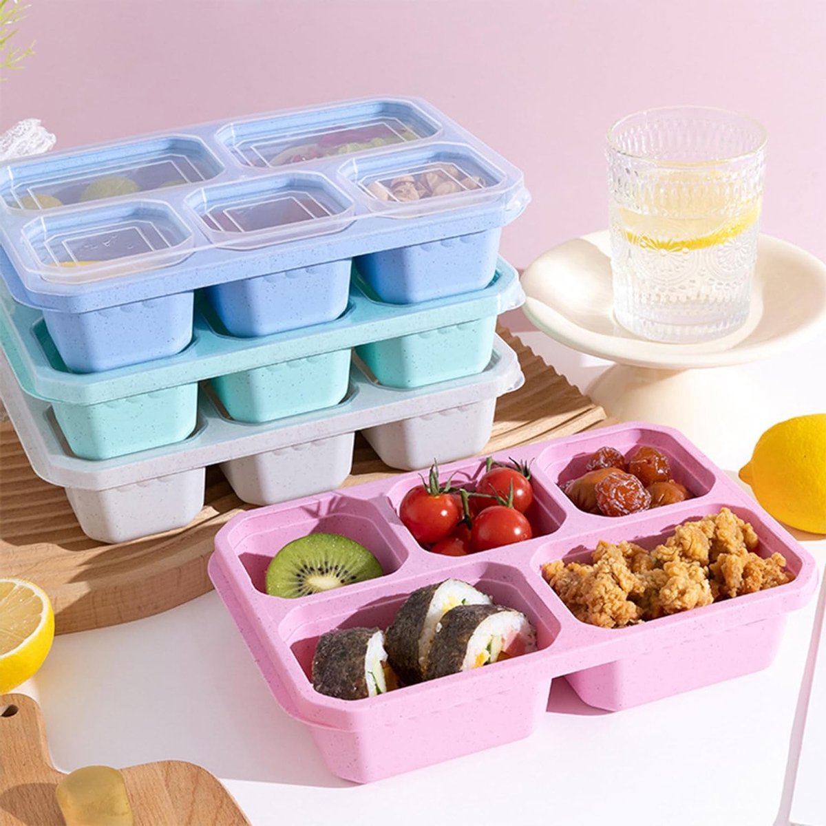 4-delige Snackdoos met 5 Compartimenten, Herbruikbare Maaltijdcontainers voor Kinderen en Volwassenen, Geschikt voor Magnetron en Schoolgebruik