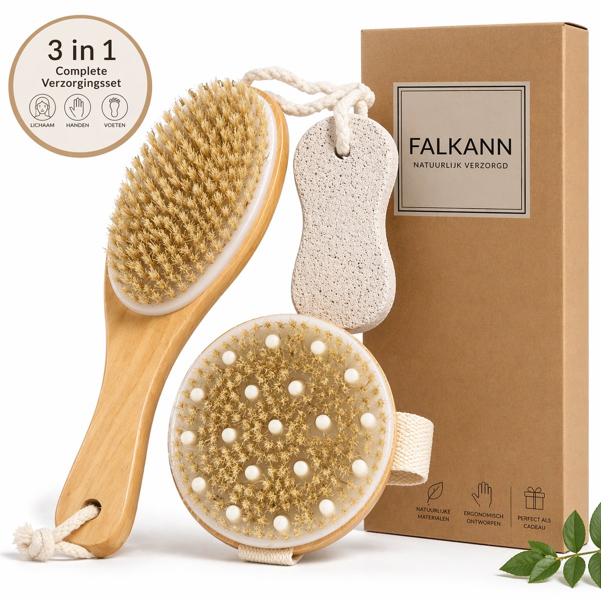 3 in 1 Bamboe Doucheborstel Set | Dry Brush | Douche Borstel | Badborstel | Voet/Eelt Vijl | Anti-Cellulitis | Rugborstel | Scrubborstel | Bamboo