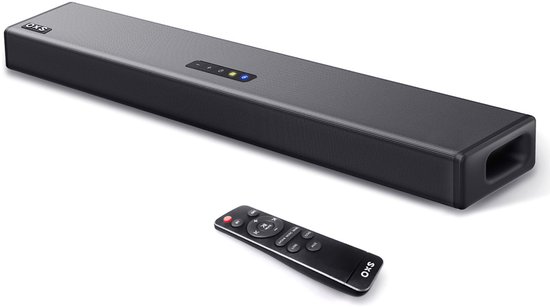 Zwarte OXS soundbar met afstandsbediening, op een witte achtergrond.