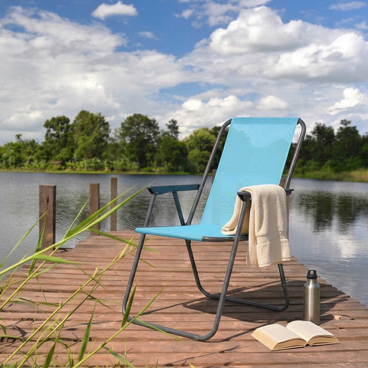 Sunnydays Picnic camping/strand stoel - aluminium - inklapbaar - blauw - L53 x B55 x H75 cm