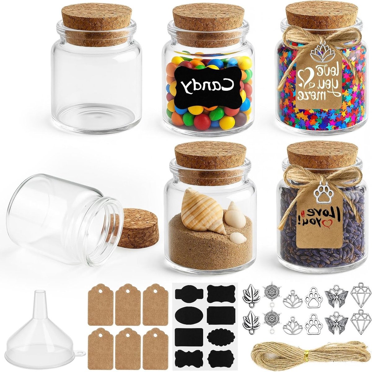 Set van 6 Kleine 50ml Glazen Flessen met Kurk en DIY Accessoires, Lege Mini Kruidenspotjes