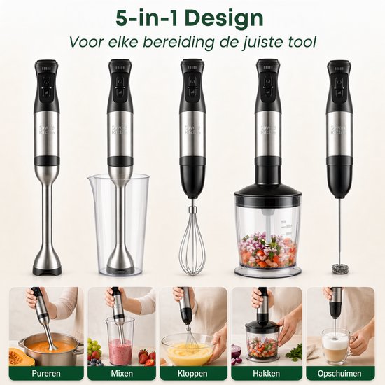 Savoré Kitchen Staafmixer Pro+ 1500W – Mixer Set met Hakmolen 600ml, Garde, Melkopschuimer en Maatbeker – 5 Snelheden – 6 Messen – RVS