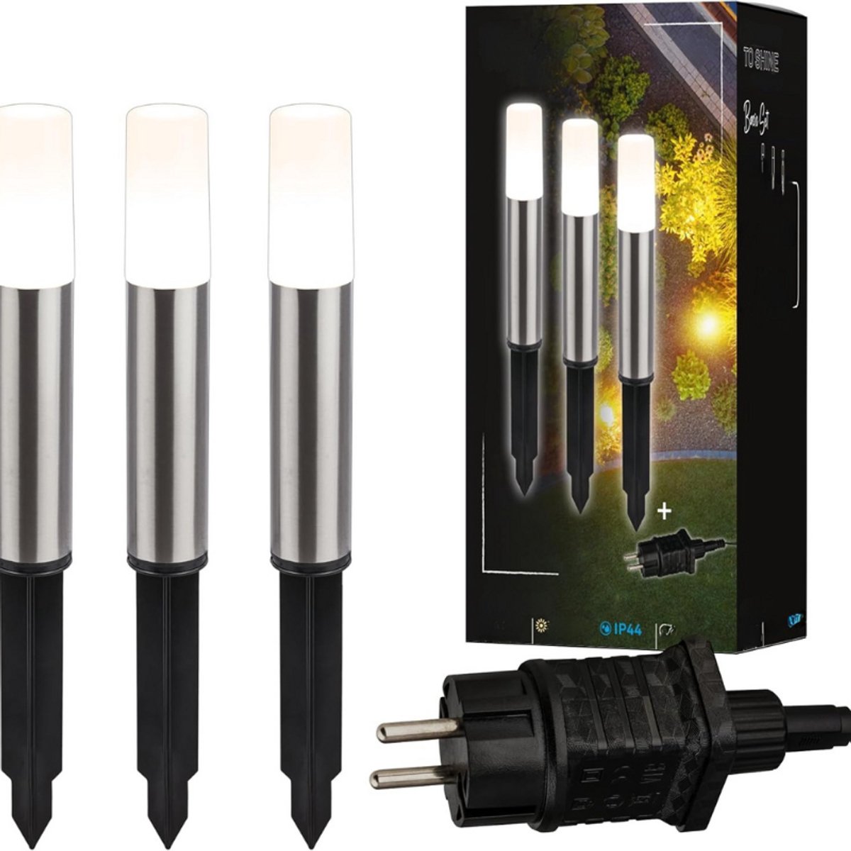 Connect to Shine 12V tuinverlichtingssysteem, set van 3 LED-paallampen met grondpen en transformator, IP44, warm wit licht, tuinverlichting, padverlichting, 36,5 x 4 cm, zilver.