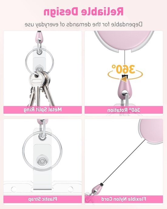 Set van 2 Oprolbare Badge Reel voor Badgehouder - Stevige Sleutelhanger met RVS Veer, 24 Inch Nylon Touw, Karabijnhaak en Sleutelhanger in Roze, Ideaal voor Werk en Evenementen van Merkloos — afbeelding 4